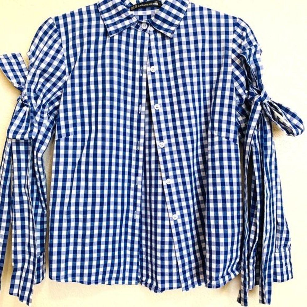 Zara Basic blue top and white checkered button shirt size XS cottagcore collar